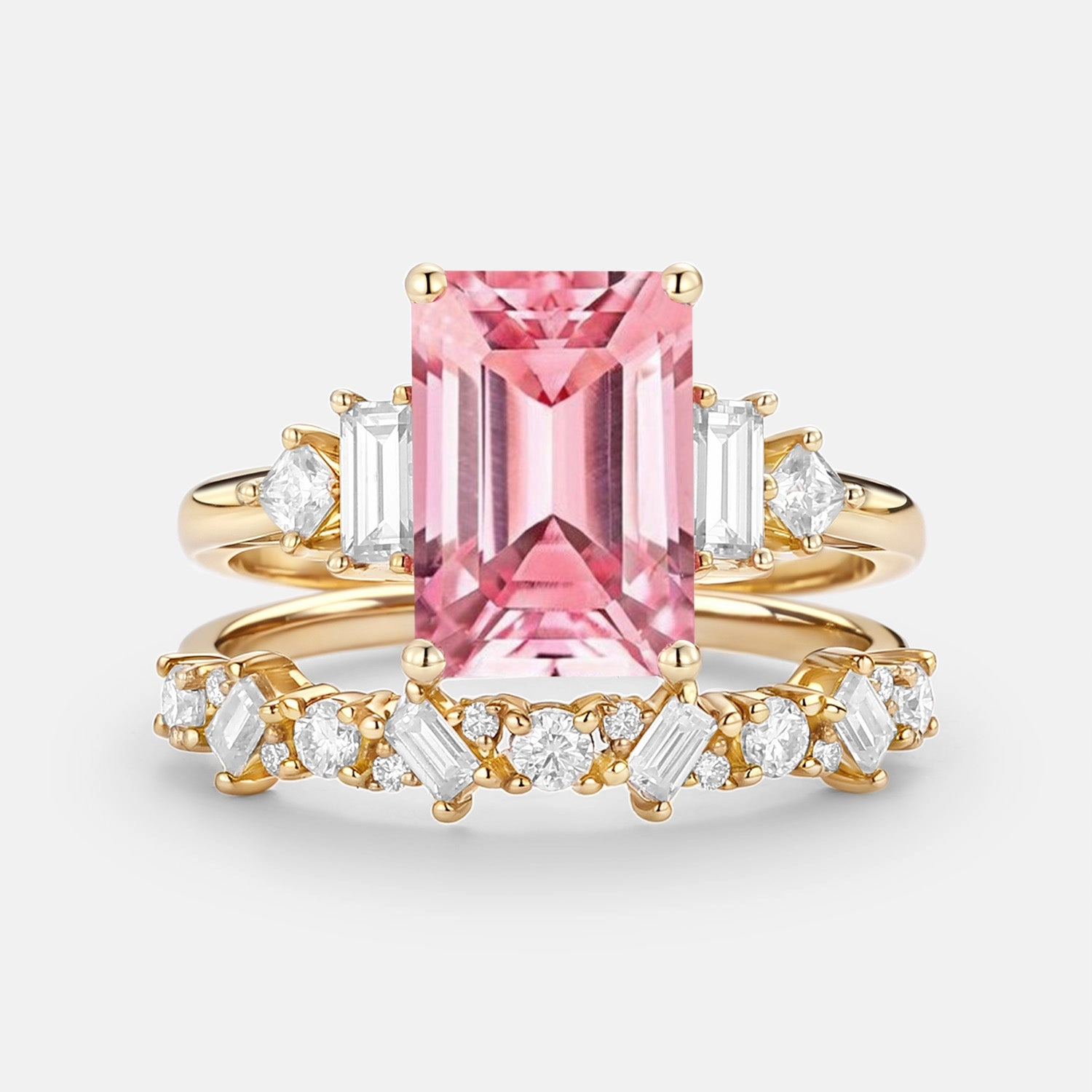 Artisan Work Emerald Cut Cluster Lab Pink Sapphire Yellow Gold Ring Set 2pcs - Peau