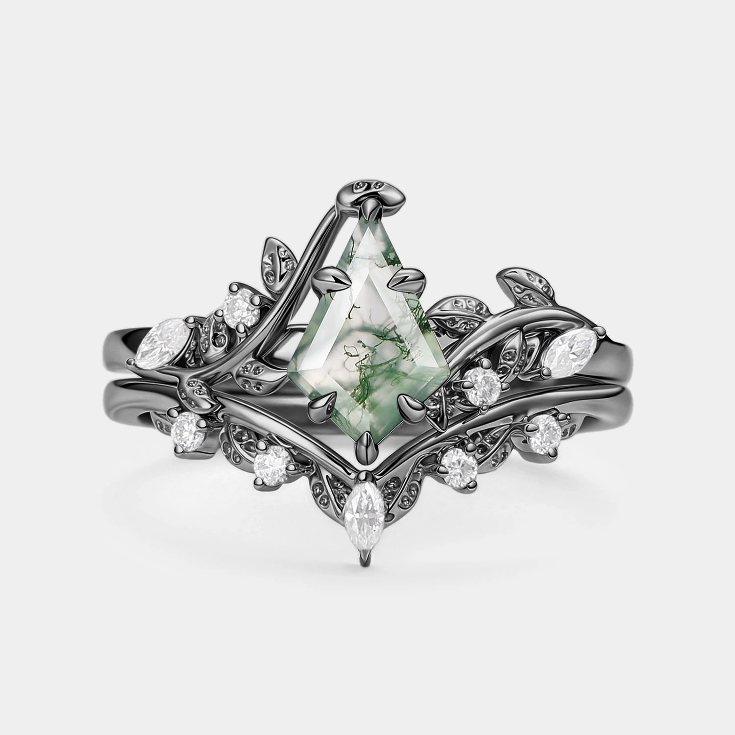 Vine Kite Cut Moss Agate Leafy Engagement Ring Sets 2pcs - Yew Surprise Gift