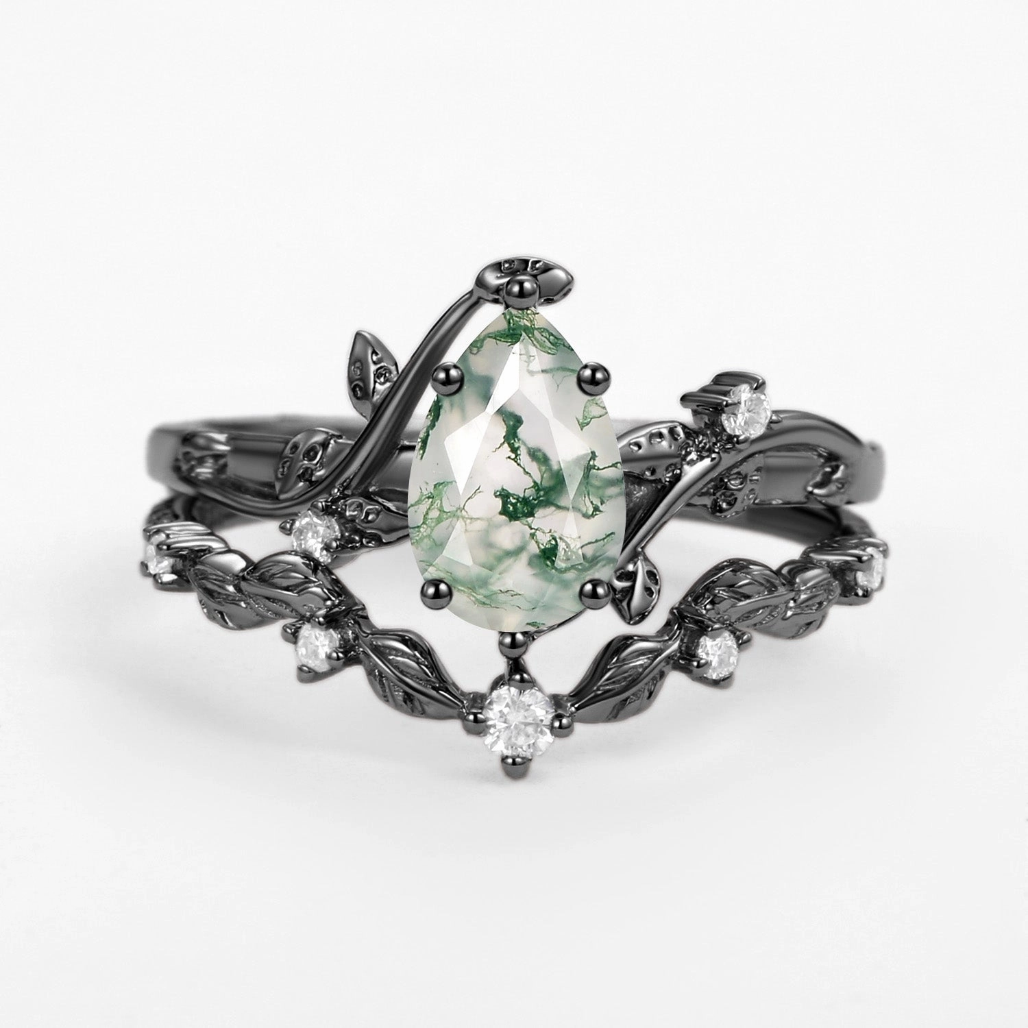Vine Leafy Pear Cut Moss Agate Engagement Ring Sets 2pcs - Ashley Event Glow