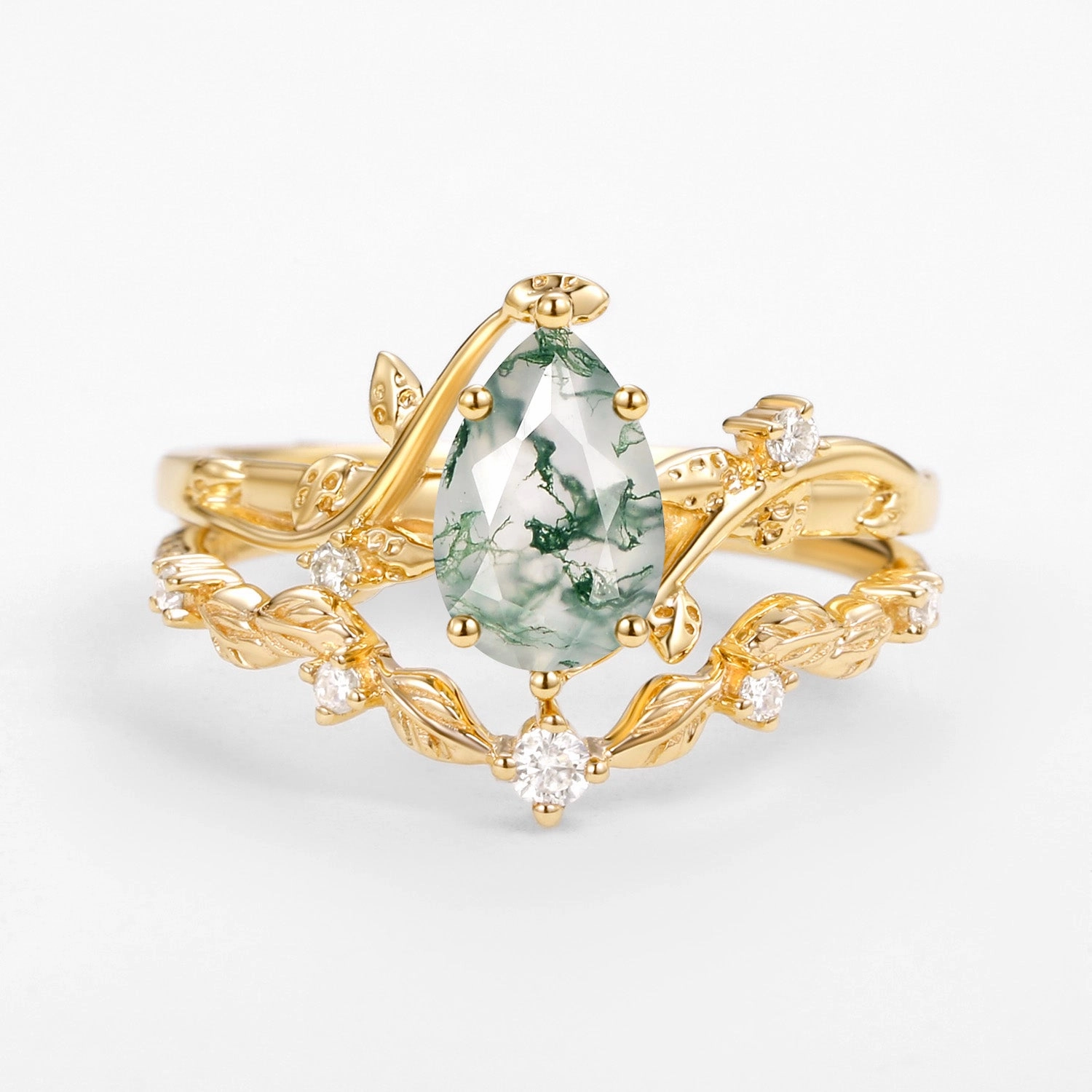 Bright Choice Balanced Highlight Vine Leafy Pear Cut Moss Agate Engagement Ring Sets 2pcs - Ashley
