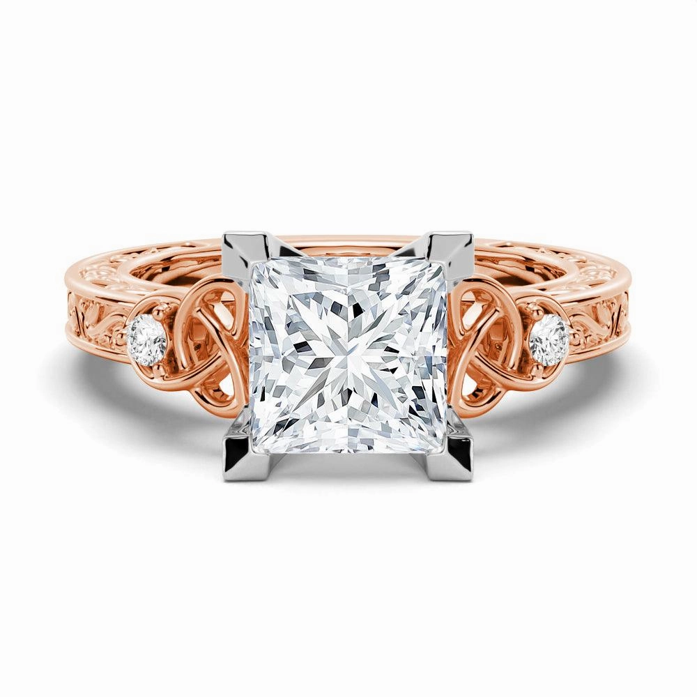Vintage Celtic Knots Design Princess Cut Moissanite Engagement Ring Glittering Sparkle Soft Lighting