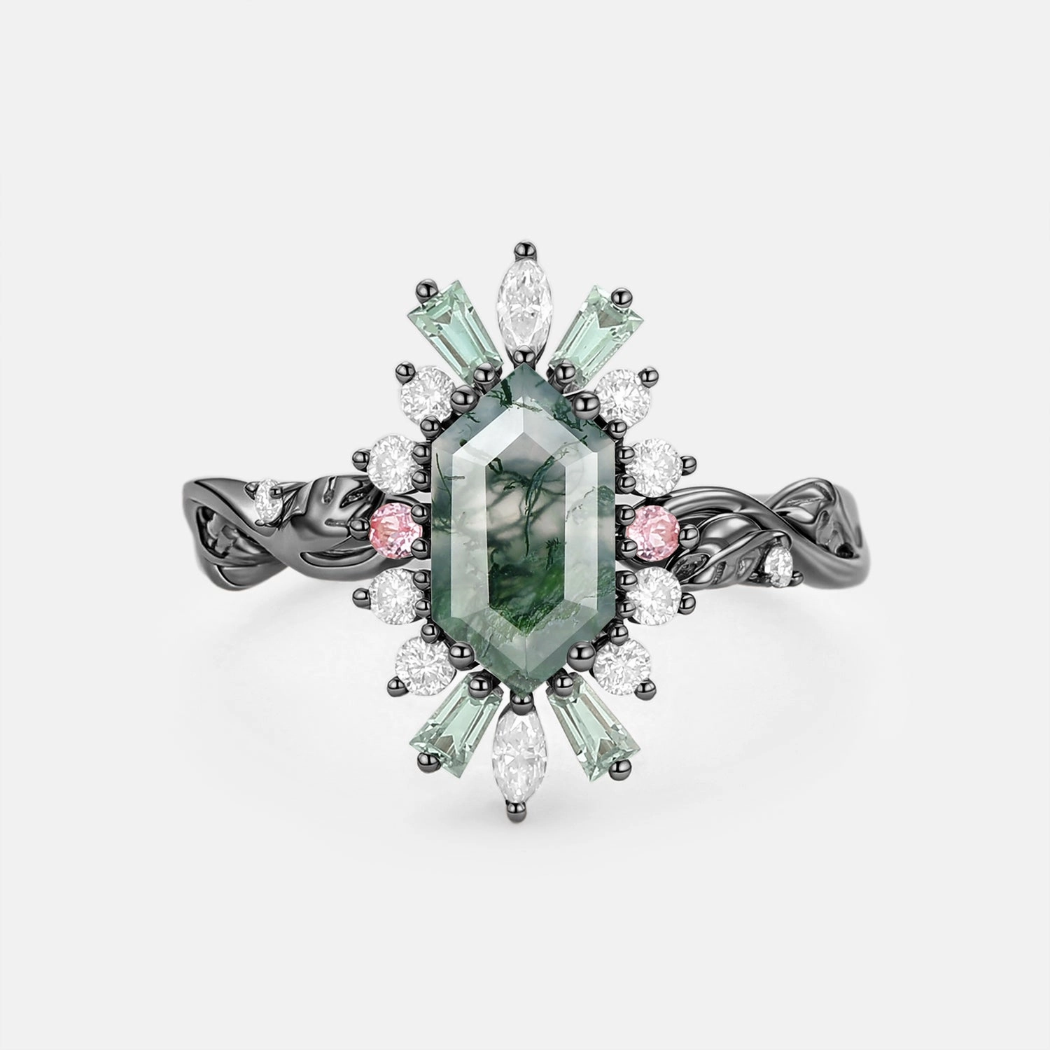 Vintage Halo Moss Agate Elongated Hexagon Engagement Ring - Artemis Digital Product