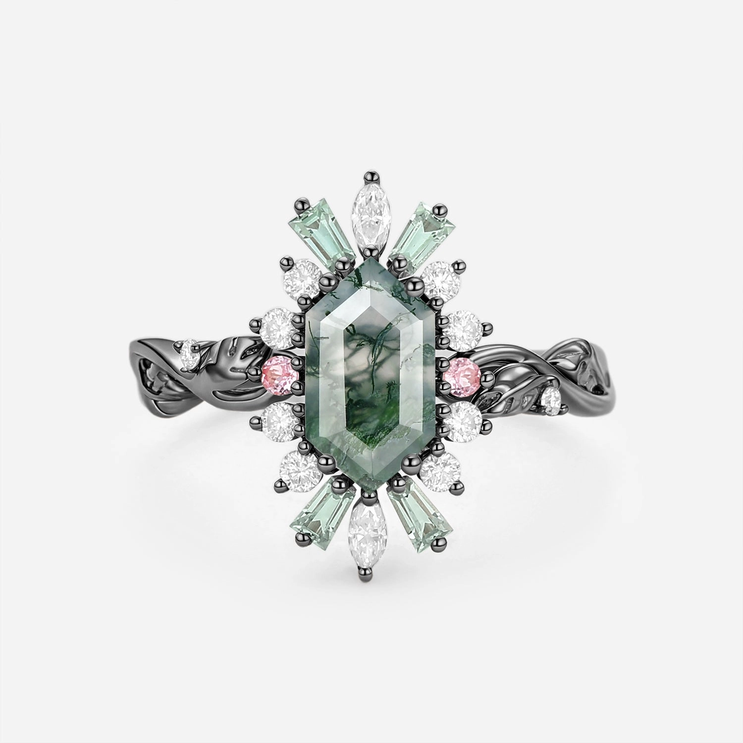 Simple Detail Timeless Shine Pieces Vintage Halo Moss Agate Elongated Hexagon Engagement Ring - Artemis
