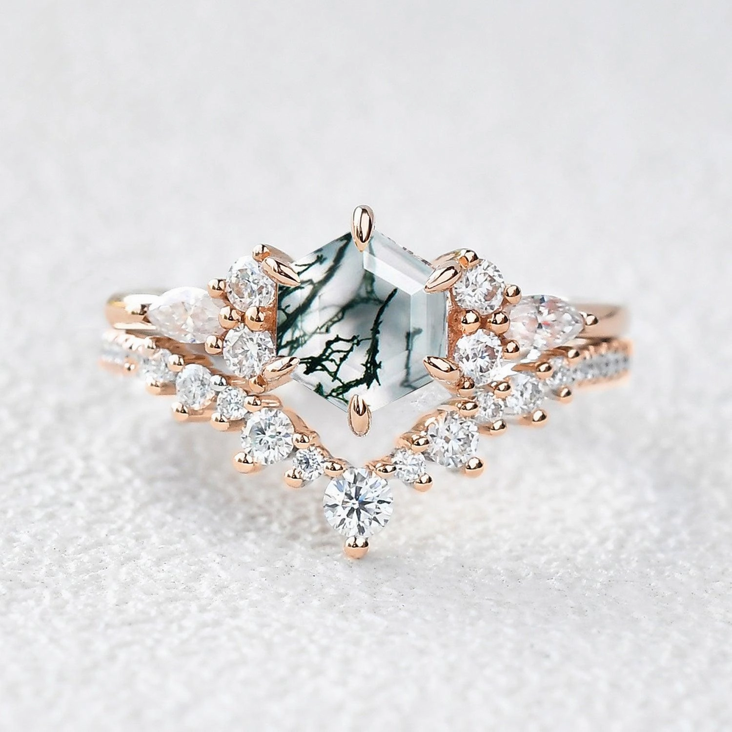 Vintage Hexagon Cut Moss Agate Engagement Ring Set 2pcs - Inaya Excellent Accessory