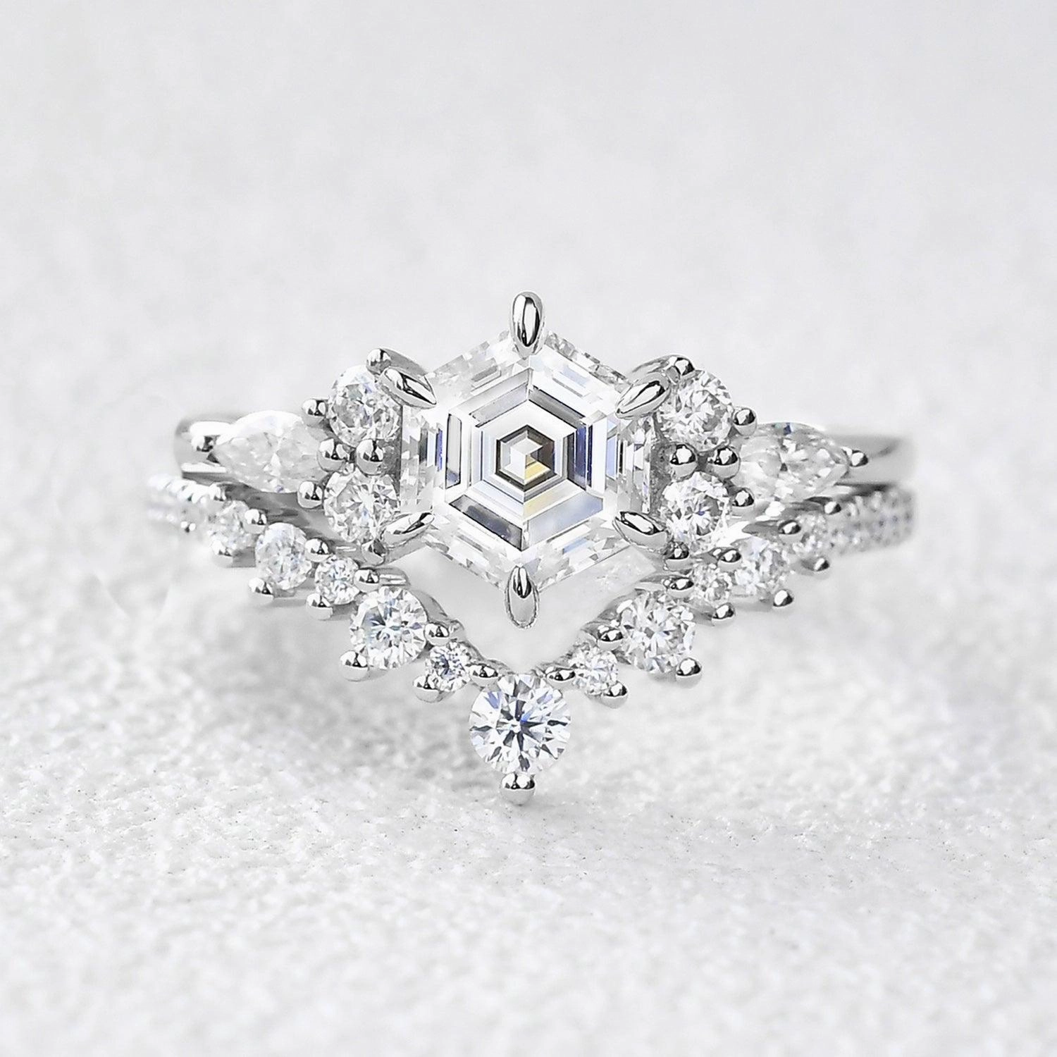 Minimalist Piece Vintage Hexagon Cut Moss Agate Engagement Ring Set 2pcs - Inaya