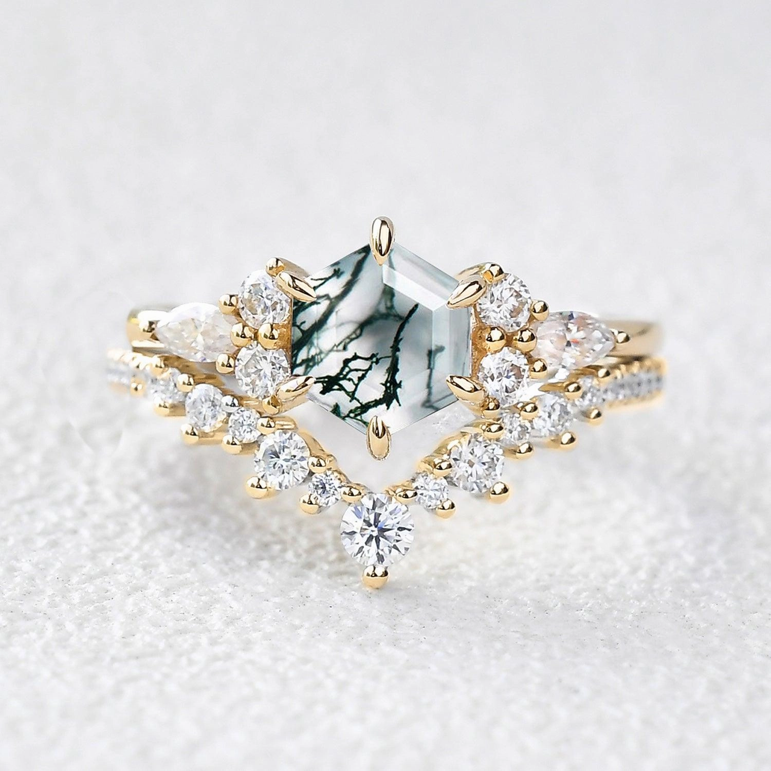 Vintage Hexagon Cut Moss Agate Engagement Ring Set 2pcs - Inaya Contemporary Glow Casual accessory