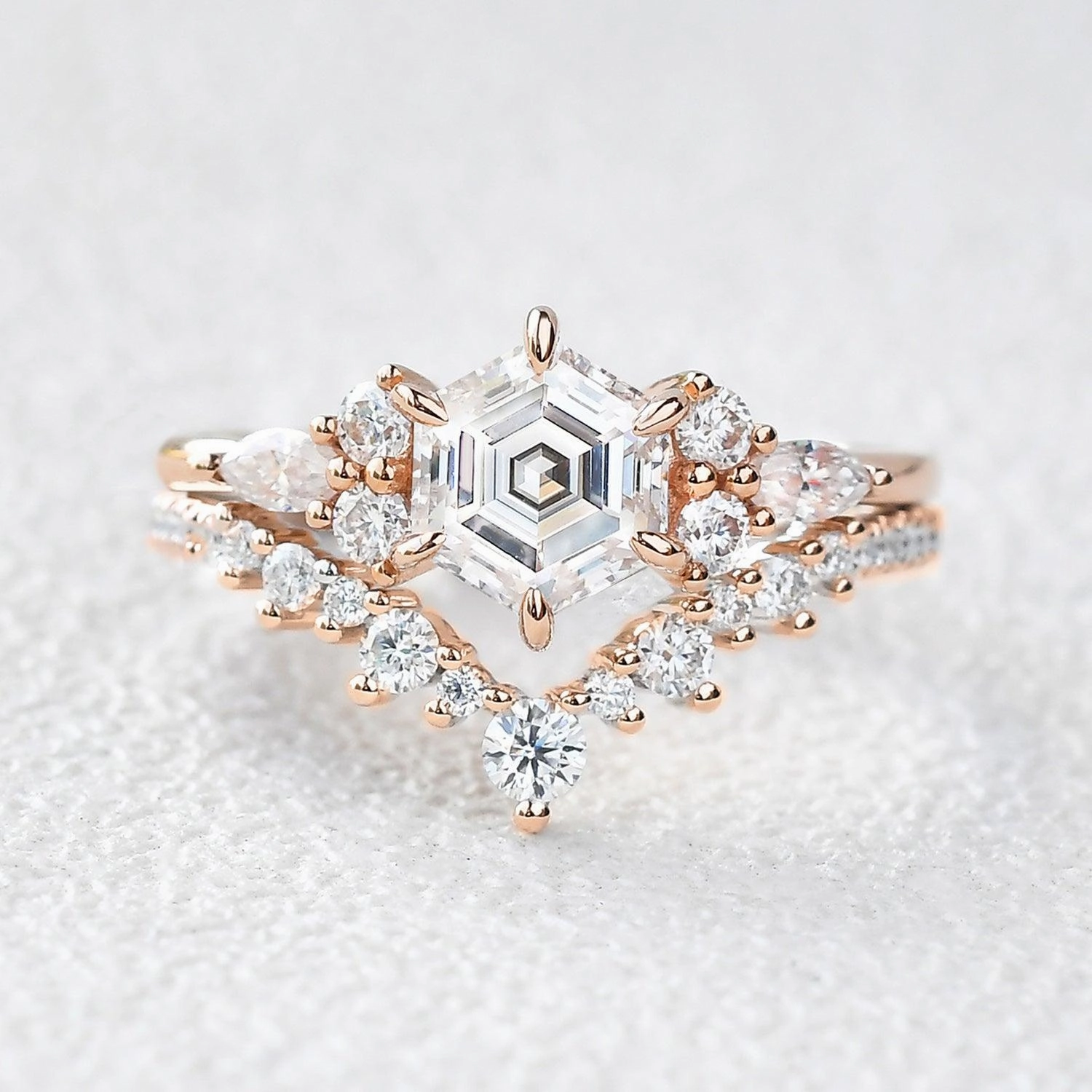 Camera Mood Vintage Hexagon Cut Moss Agate Engagement Ring Set 2pcs - Inaya