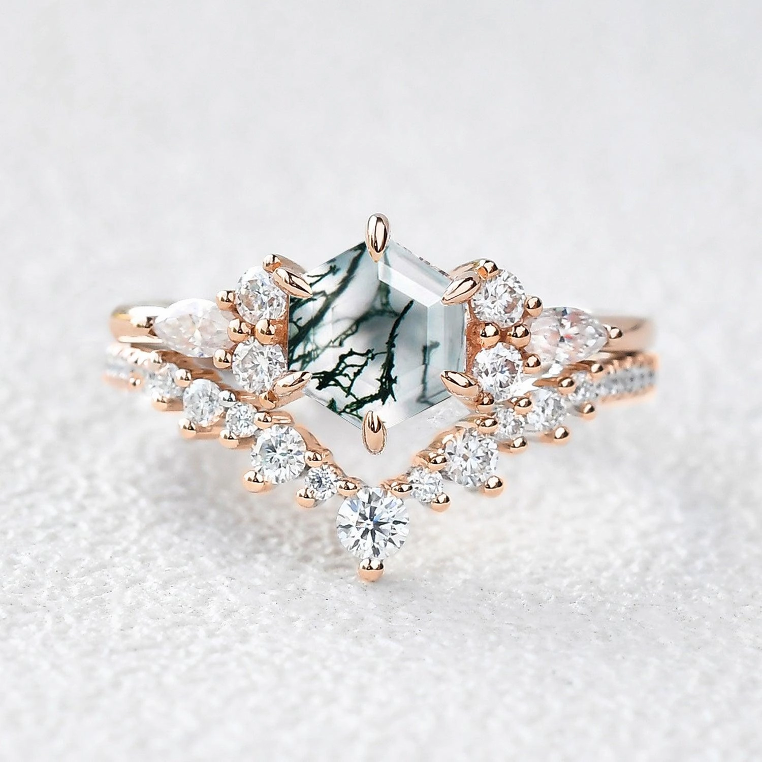 Sophisticated Jewelry Vintage Hexagon Cut Moss Agate Engagement Ring Set 2pcs - Inaya