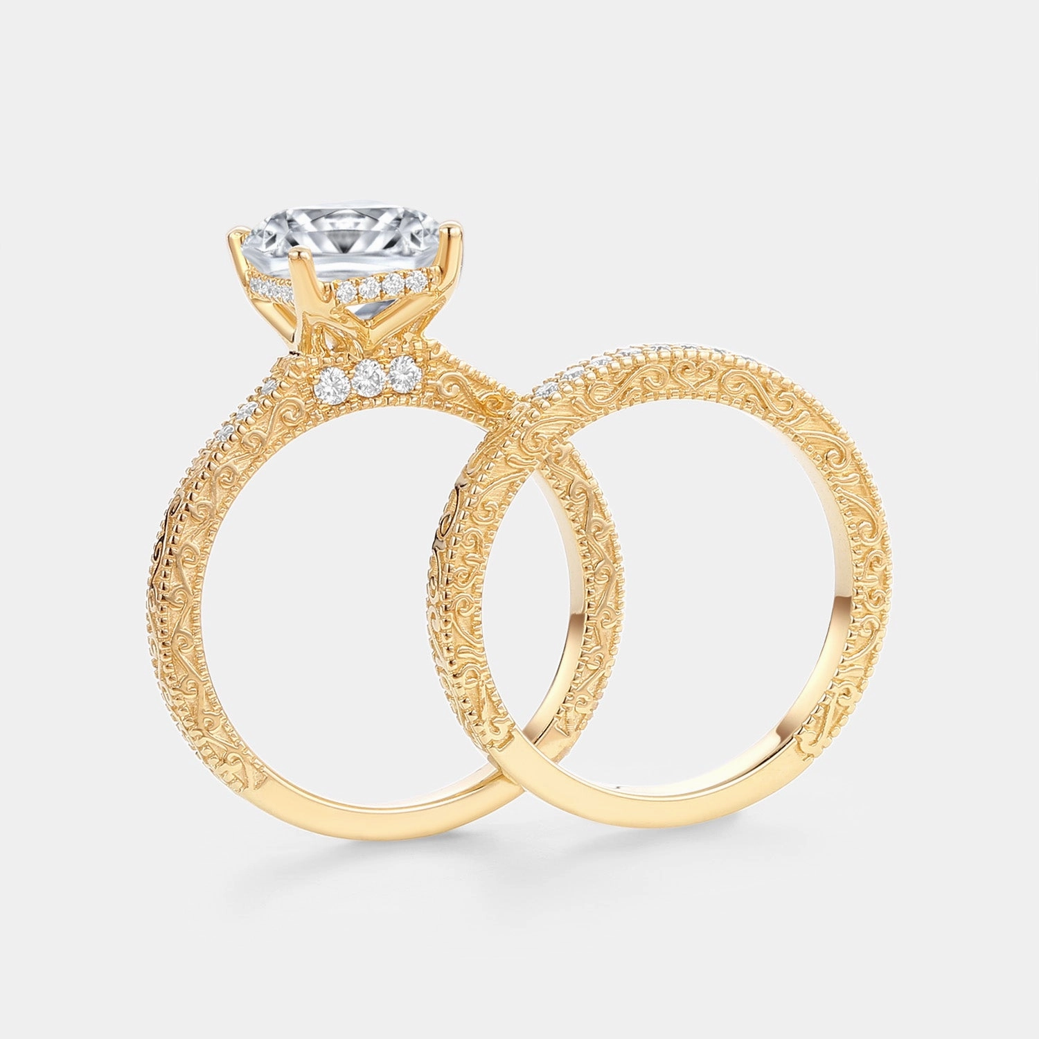 Low-Cost Ornament Sentimental Product Vintage Hidden Halo Emerald Cut Engraved Lab Grown Diamond Ring Set 2pcs - Elysian