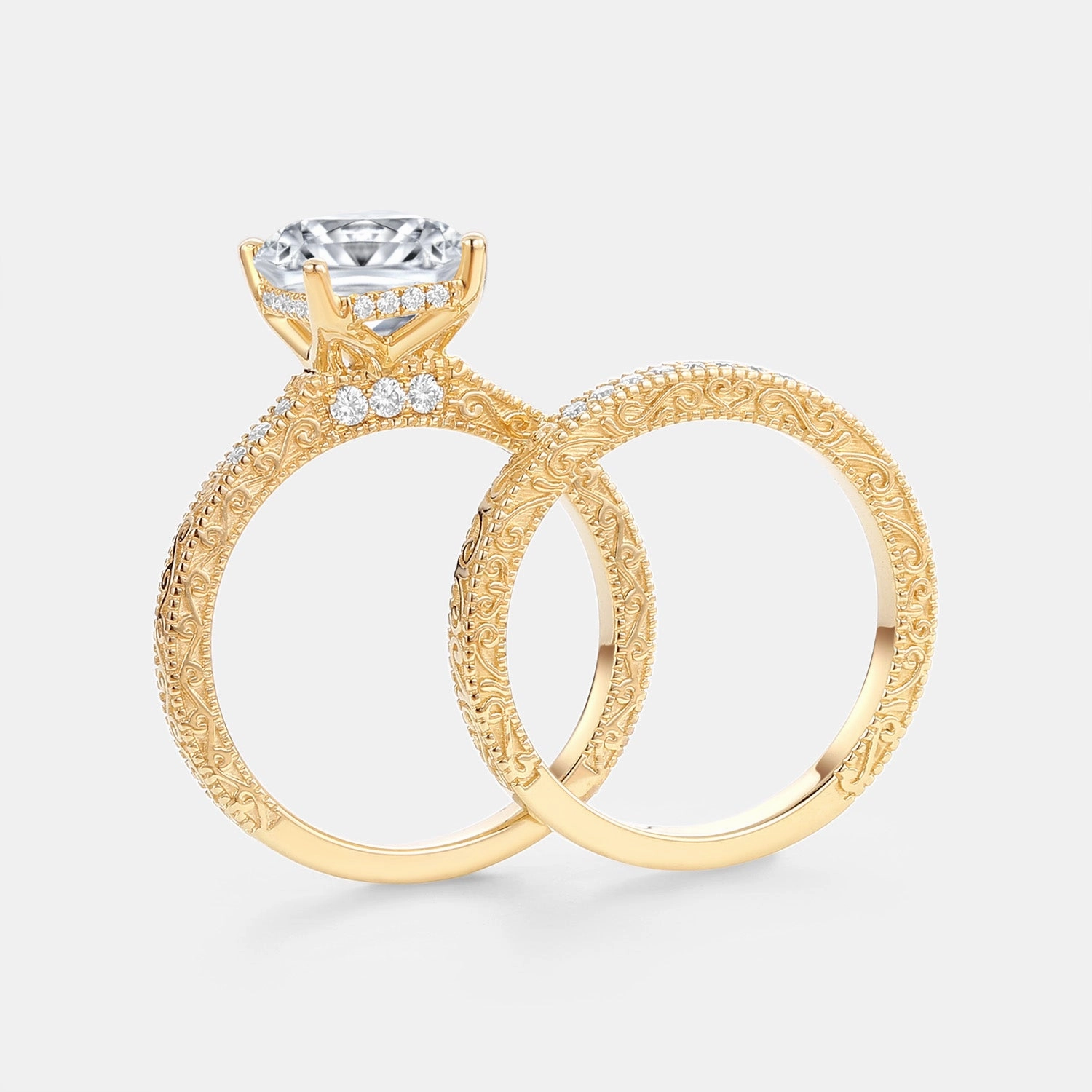 Vintage Hidden Halo Emerald Cut Engraved Lab Grown Diamond Ring Set 2pcs - Elysian Hypoallergenic Expression