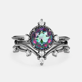 Superior Accessory Romantic Occasion Vintage Inspired Mystic Topaz & Moissanite Ring Set - Prismia