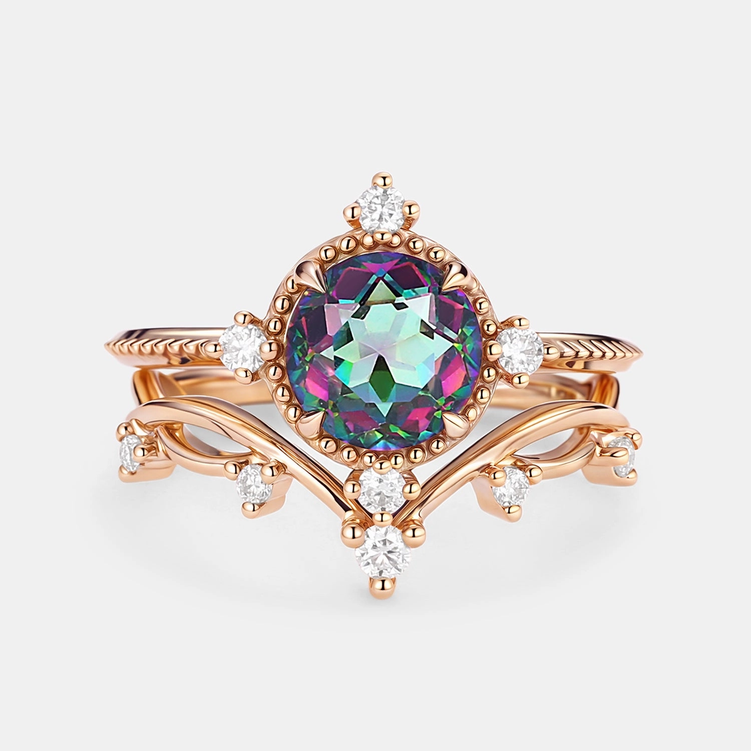 Vintage Inspired Mystic Topaz & Moissanite Ring Set - Prismia photo shoot Low Profile Look