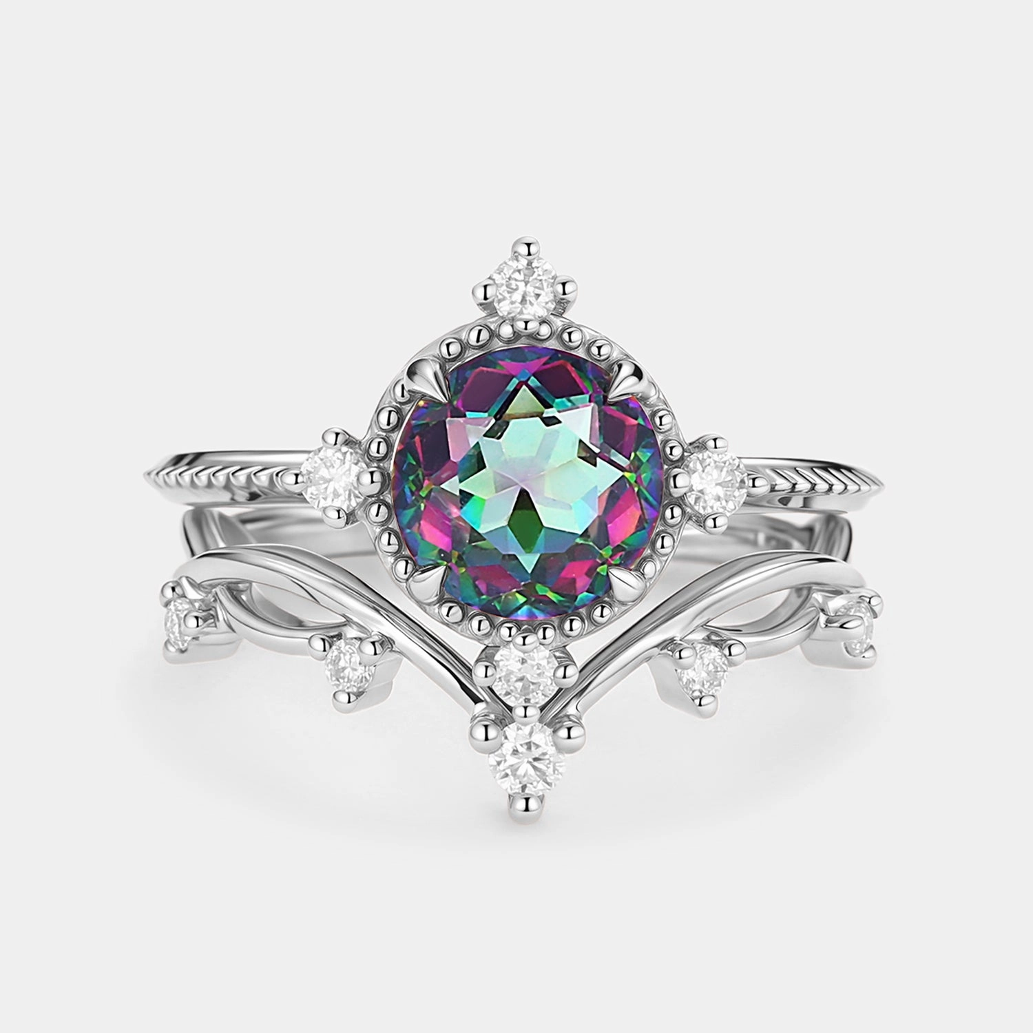 Soft Glow Vintage Inspired Mystic Topaz & Moissanite Ring Set - Prismia