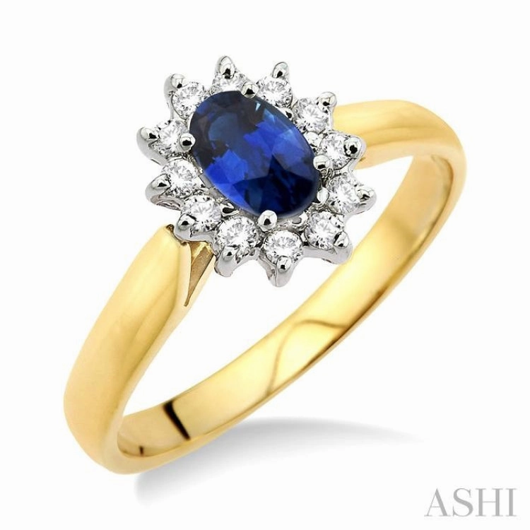 6x4MM Oval Cut Sapphire and 1/5 Ctw Round Cut Diamond Ring in 14K Yellow Gold Amazing Piece solid color