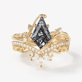 Vintage Kite Cut Black Rutilated Quartz Engagement Ring Set 2pcs - Daniella Subtle Detail Simple Elegance
