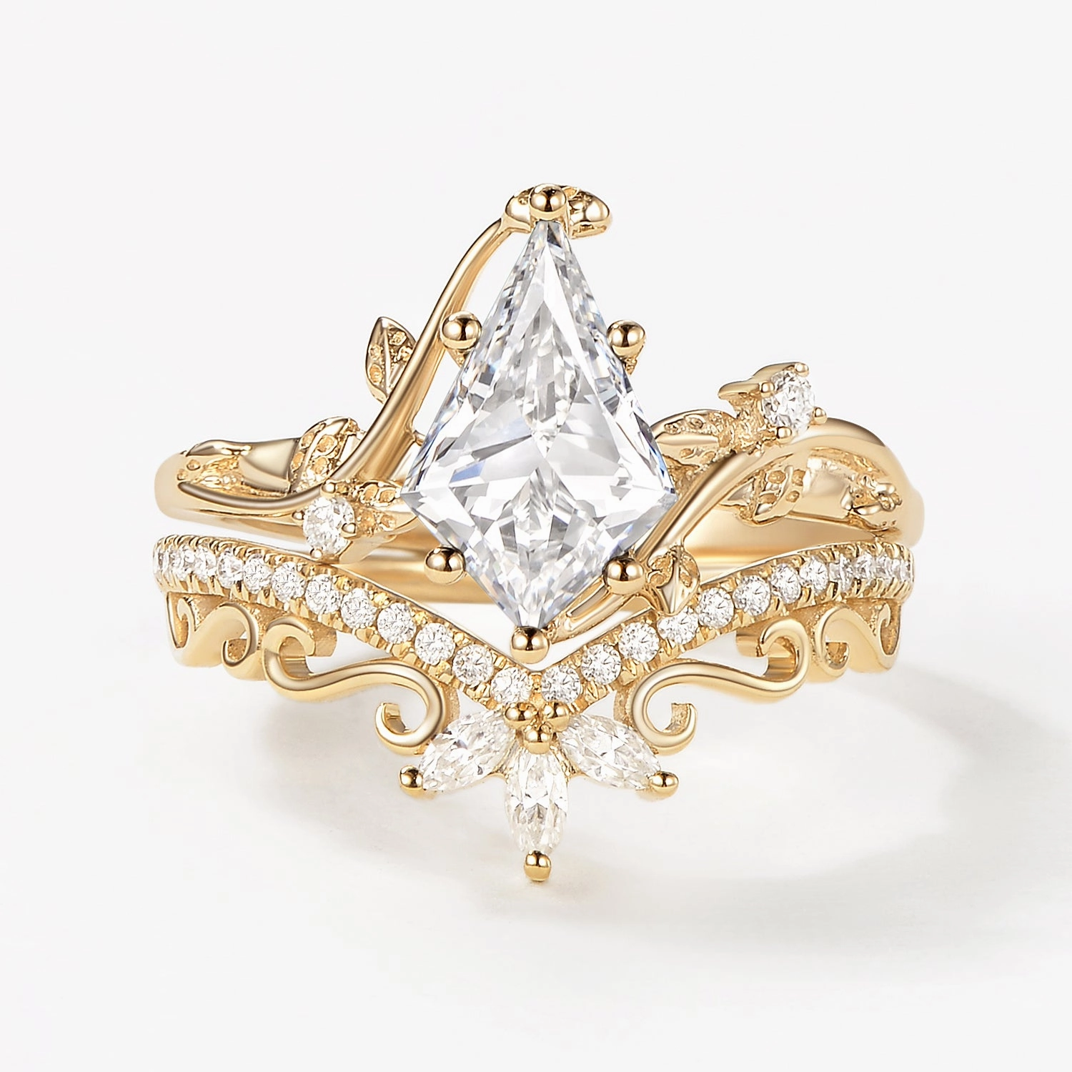 Vintage Kite Lab Grown Diamond Leafy Ring Set 2pcs - Daniella Geometric Art High-End Object