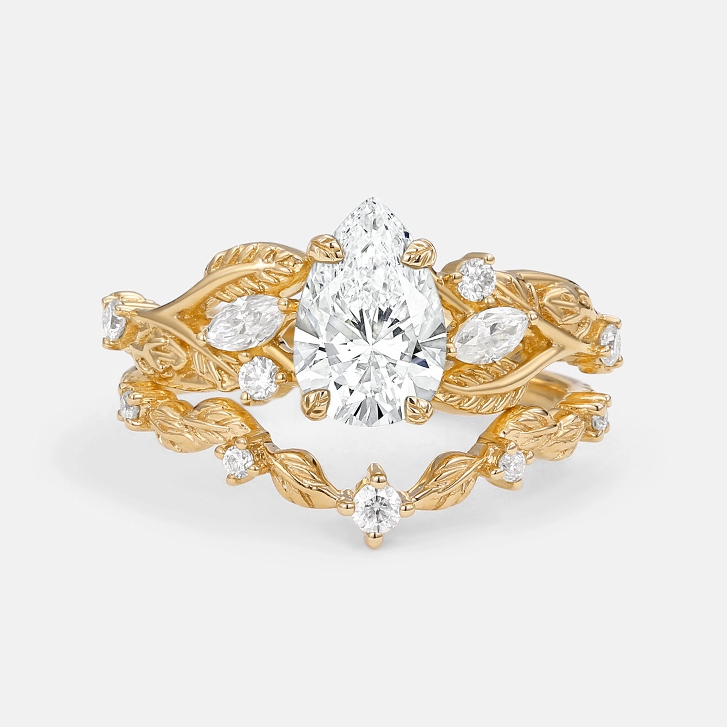 Vintage Leafy Pear Cut Lab Grown Diamond Leafy Ring Set 2pcs Custom Memento Vintage Symbol