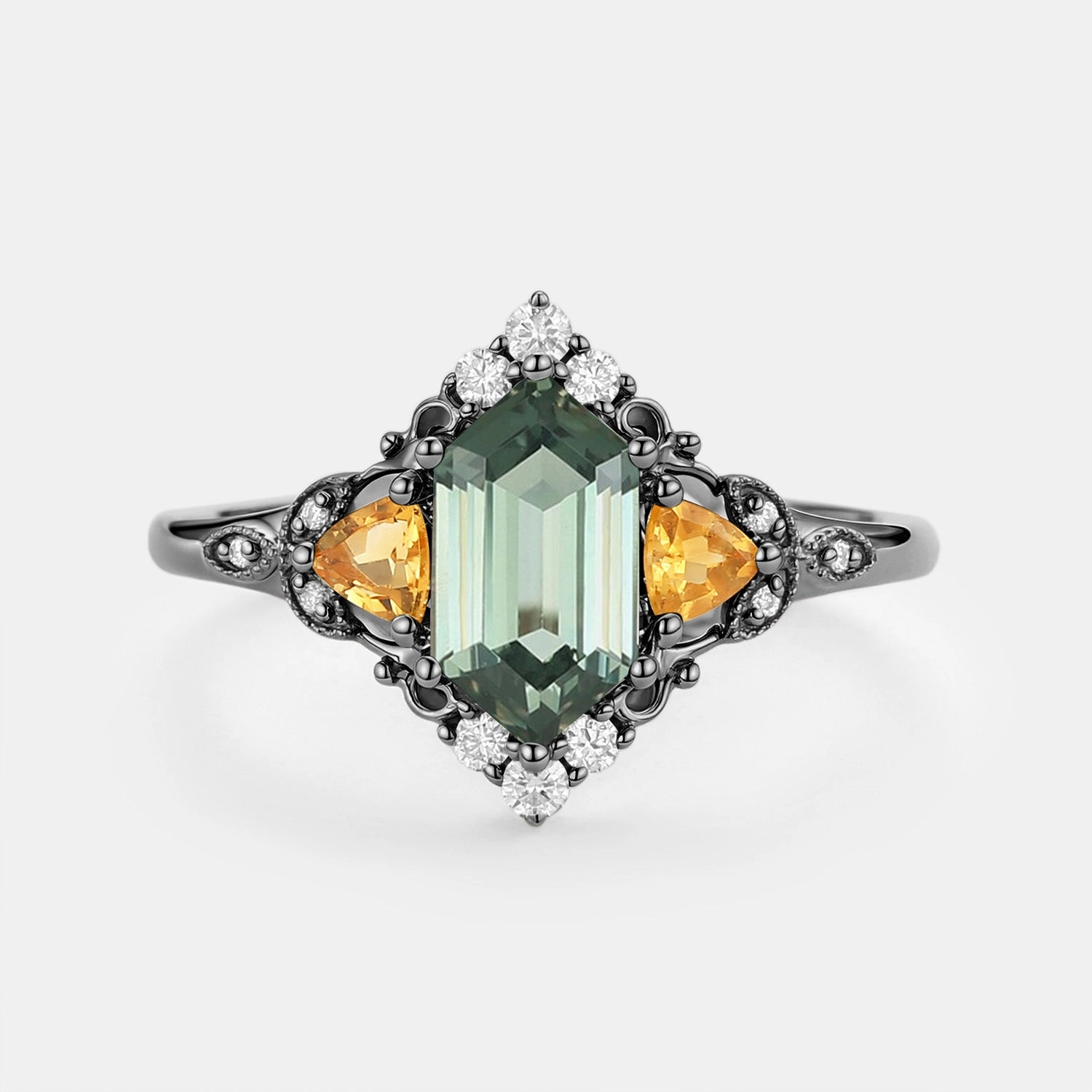 Vintage Long Hexagon Lab Green Sapphire Engagement Ring - Herald Chic Jewelry