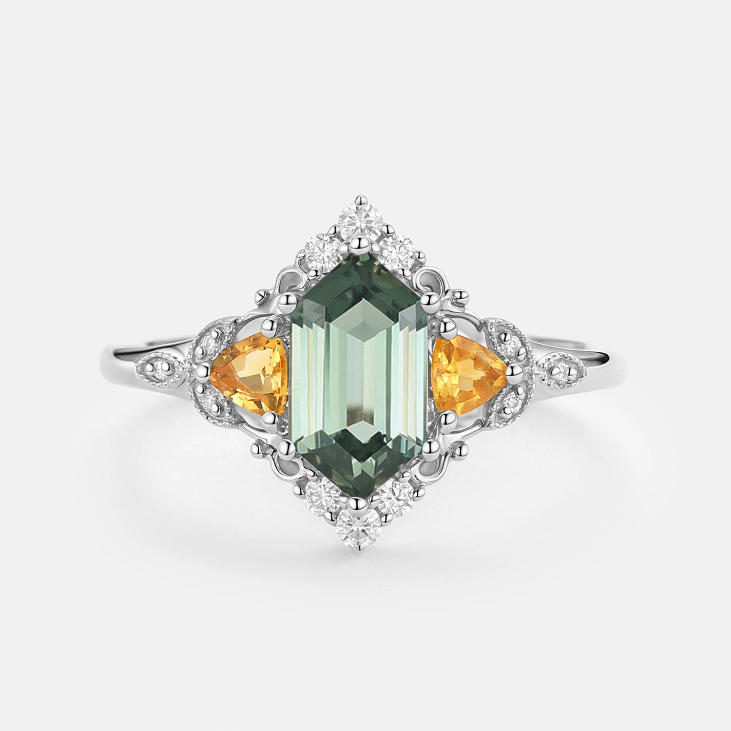 Vintage Long Hexagon Lab Green Sapphire Engagement Ring - Herald Fine Accessory