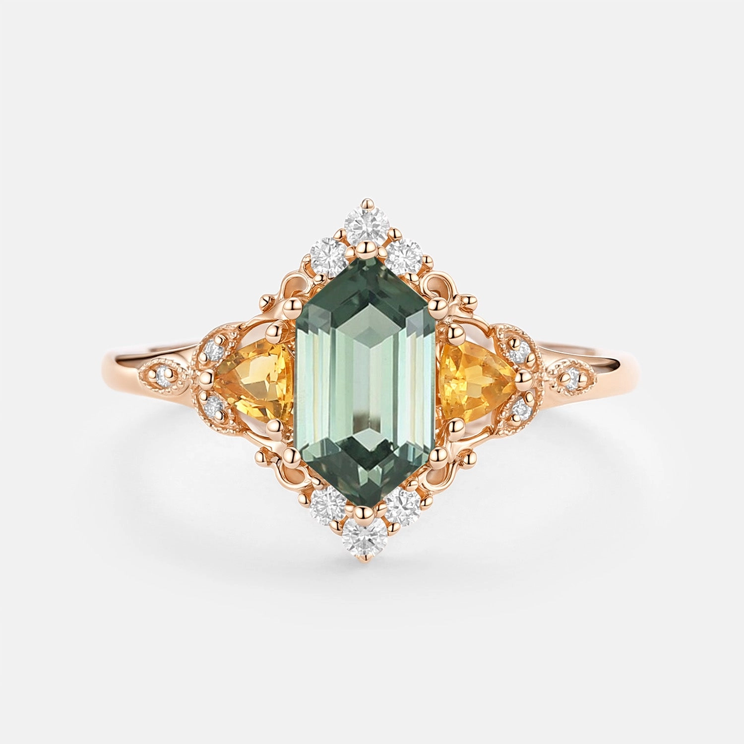 Vintage Long Hexagon Lab Green Sapphire Engagement Ring - Herald Elegant Object