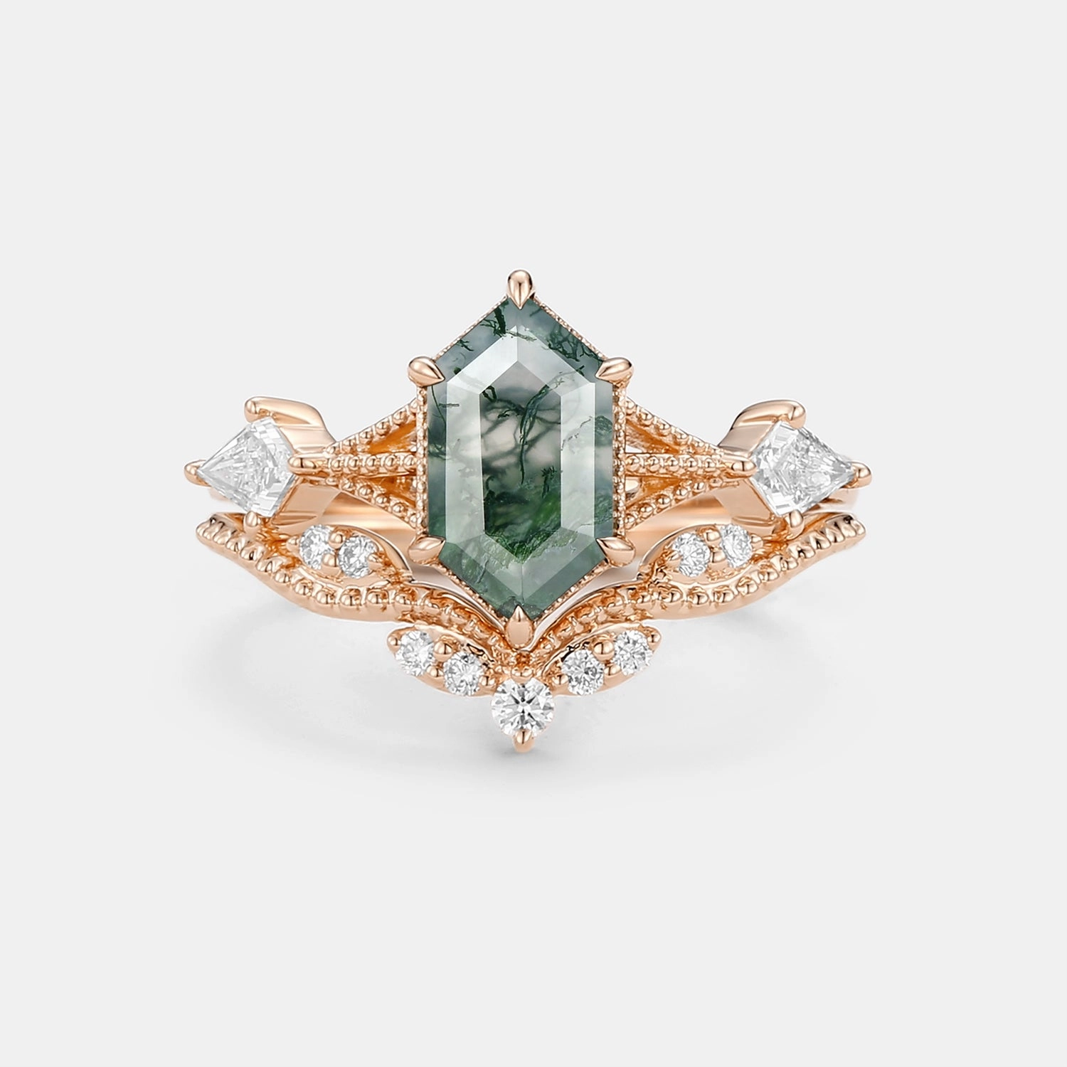 Vintage Long Hexagon Moss Agate Engagement Ring Set 2pcs Practical Design