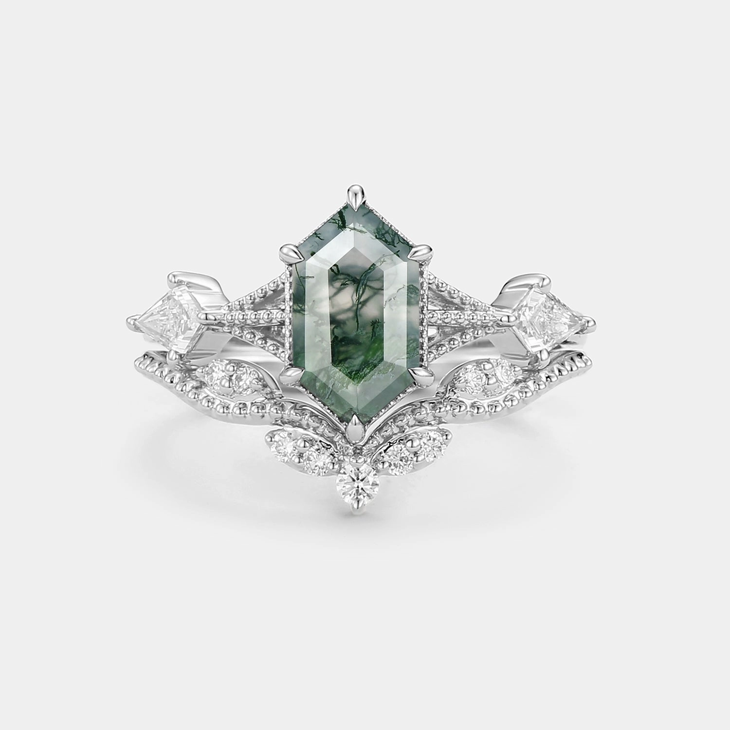 Vintage Long Hexagon Moss Agate Engagement Ring Set 2pcs Handmade Jewelry Pieces