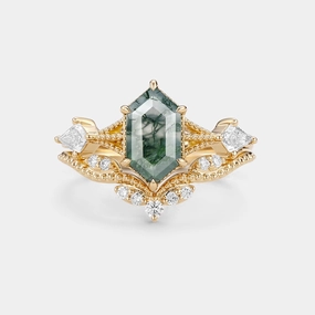 Trendy Piece Fresh Detail Vintage Long Hexagon Moss Agate Engagement Ring Set 2pcs