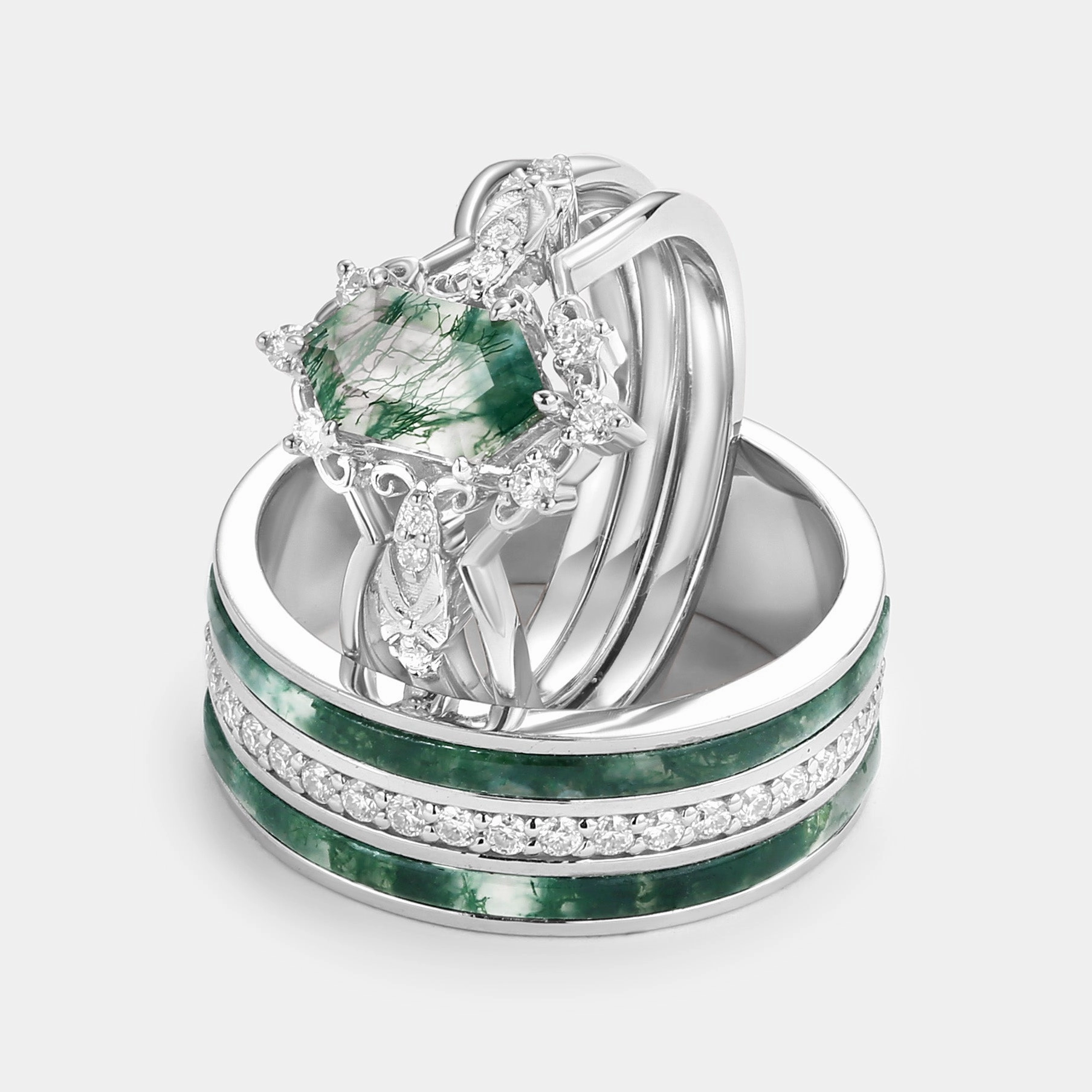 Exclusive Design Vintage Long Hexagon Moss Agate Moissanite Cage Couple Ring Set 3pcs