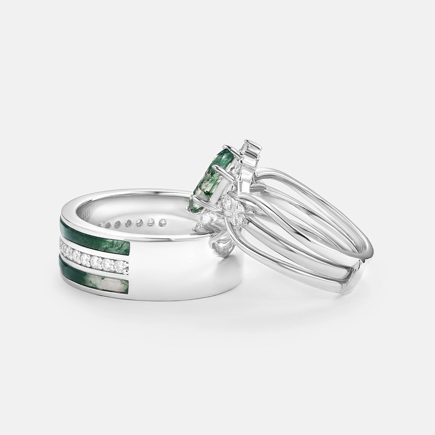 Elegant Charm Crafted Detail Vintage Long Hexagon Moss Agate Moissanite Cage Couple Ring Set 3pcs