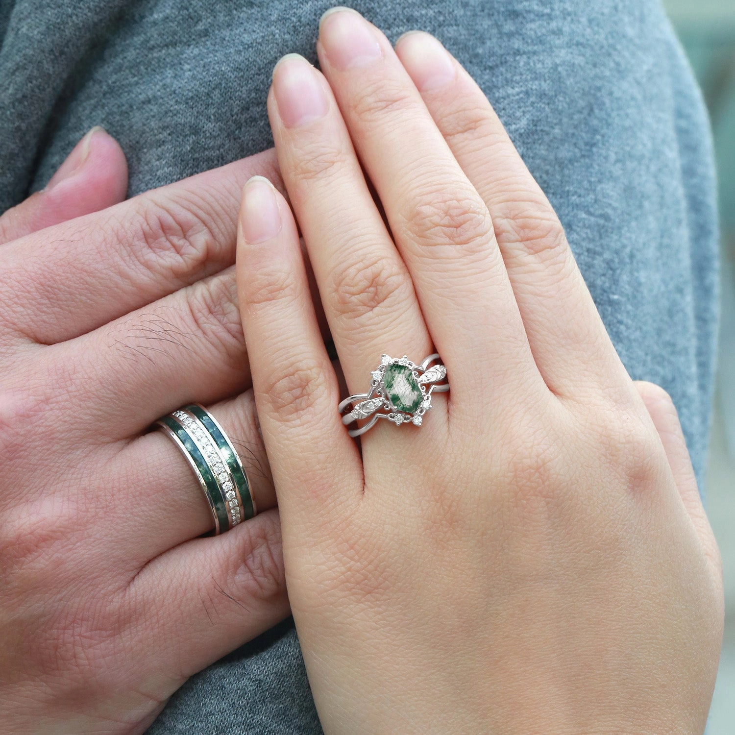 Vintage Long Hexagon Moss Agate Moissanite Cage Couple Ring Set 3pcs Cool Accent high-end design