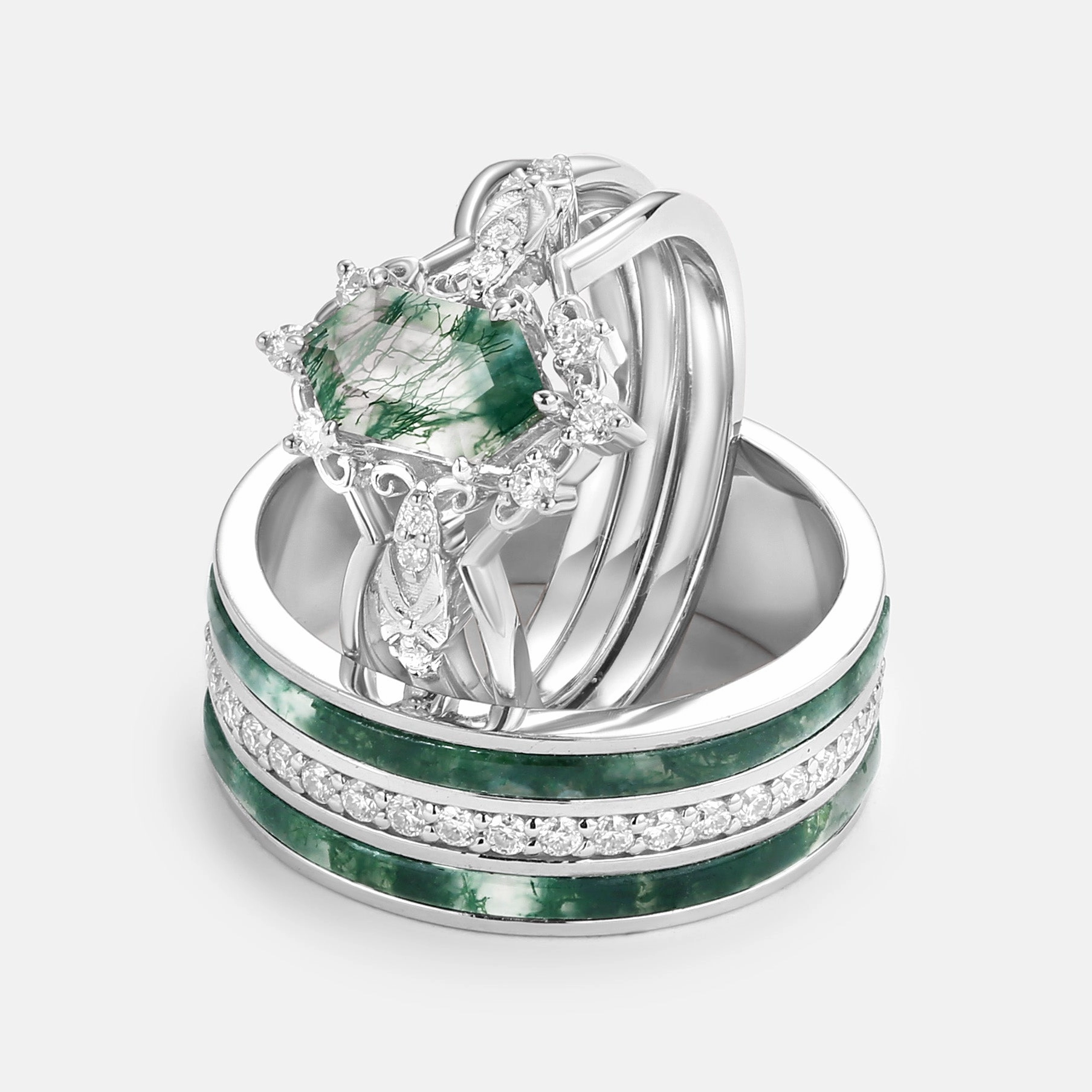 Custom Accessory Artistic Design Vintage Long Hexagon Moss Agate Moissanite Cage Couple Ring Set 3pcs