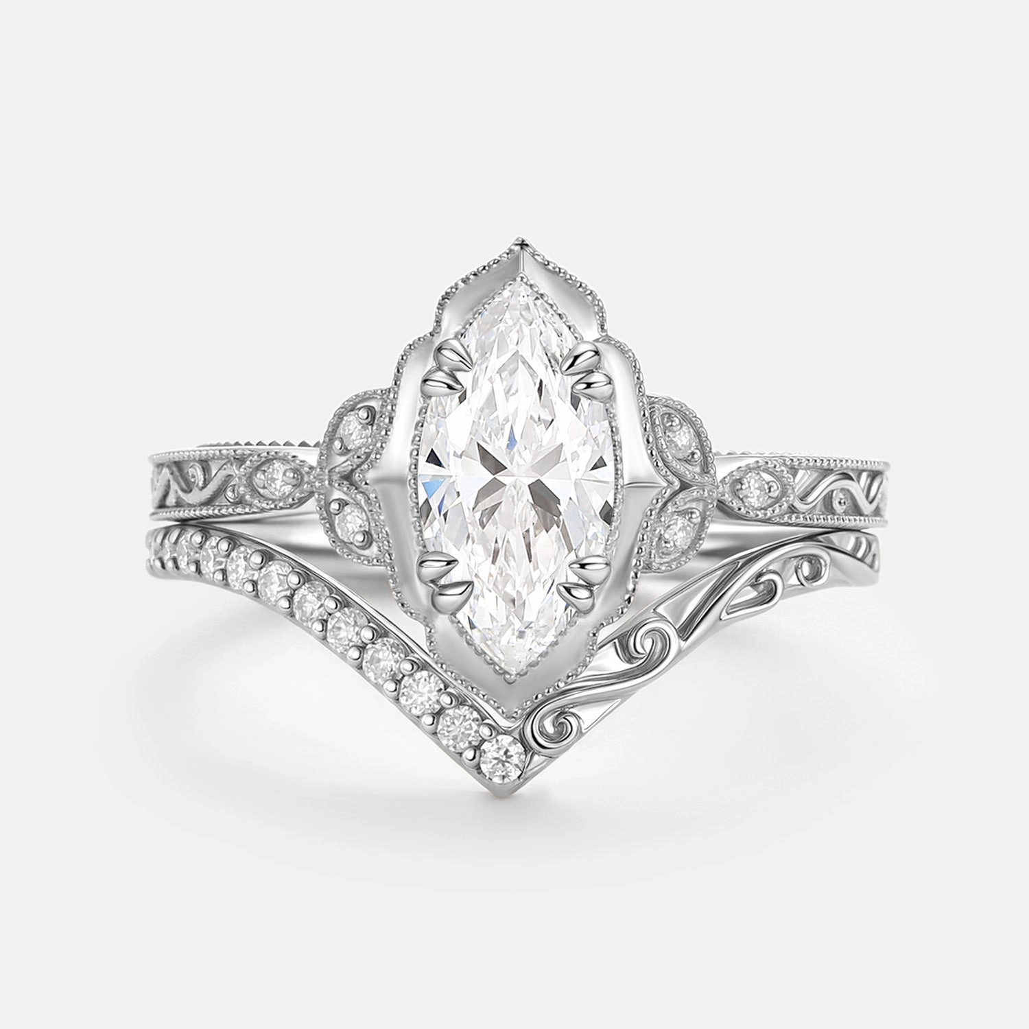 Gifting Moment Vintage Marquise Lab Grown Diamond Engagement Ring Sets 2pcs