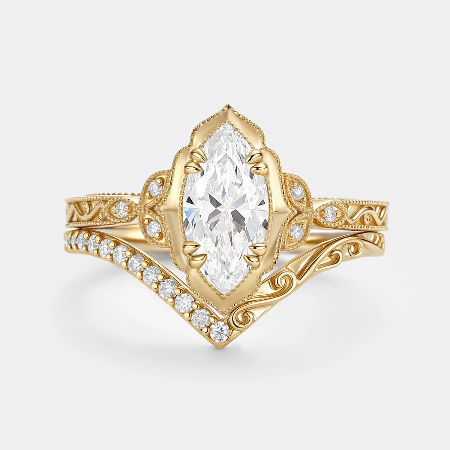 Luxury Simplicity Vintage Marquise Lab Grown Diamond Engagement Ring Sets 2pcs