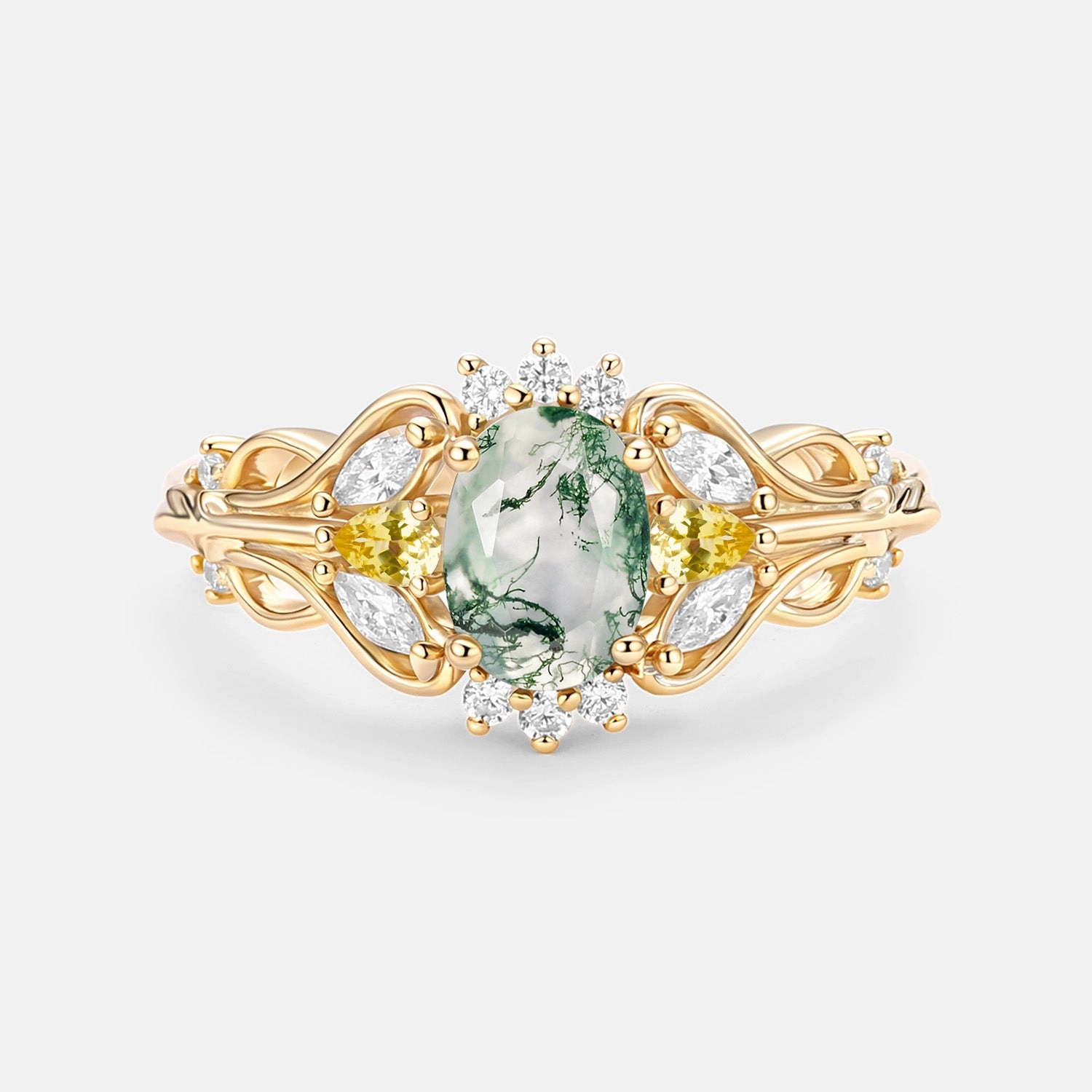 Vintage Oval Cut Cluster Lab Green Sapphire Engagement Ring - Patina Soft Contrast Fresh Design