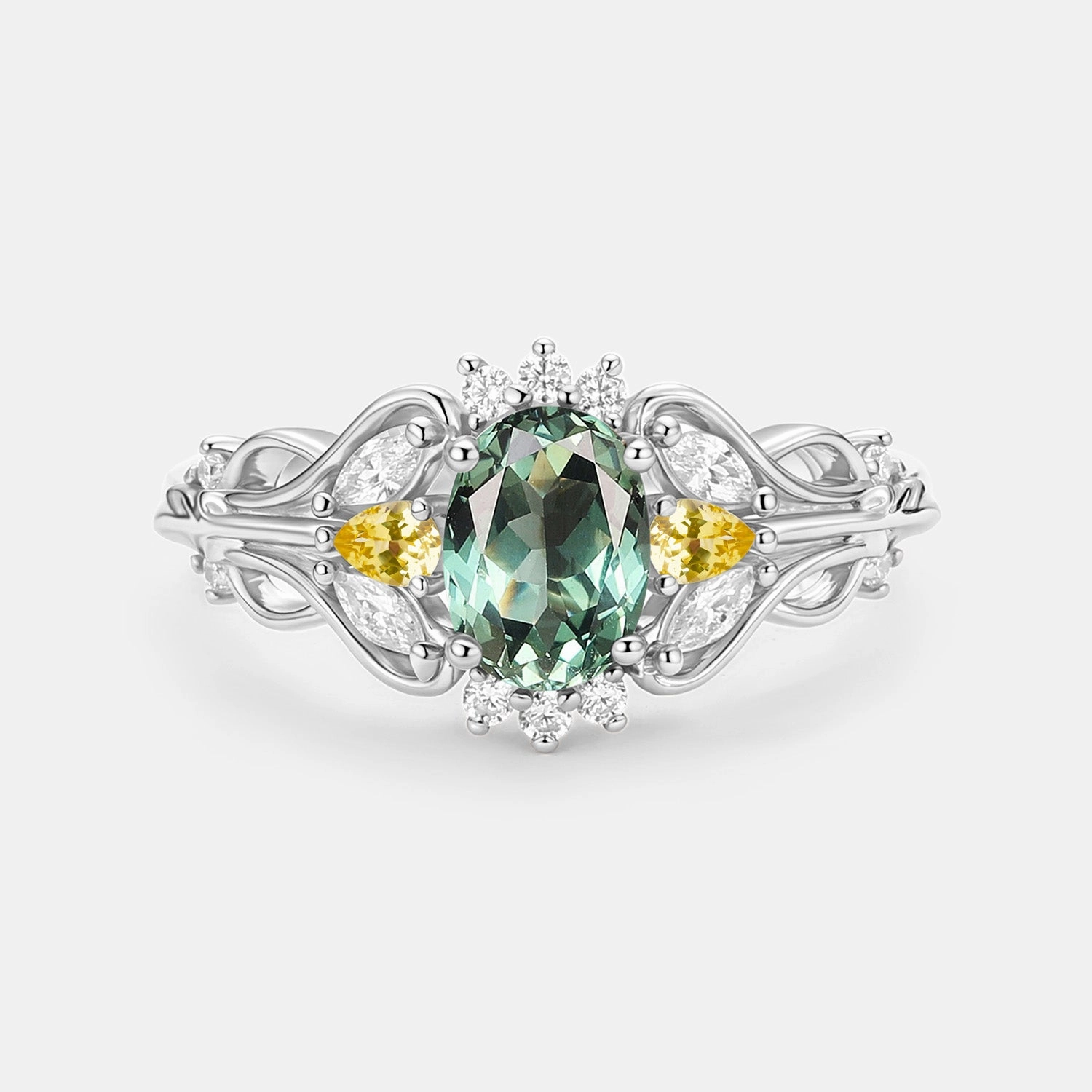 Sophisticated Shine Vintage Oval Cut Cluster Lab Green Sapphire Engagement Ring - Patina