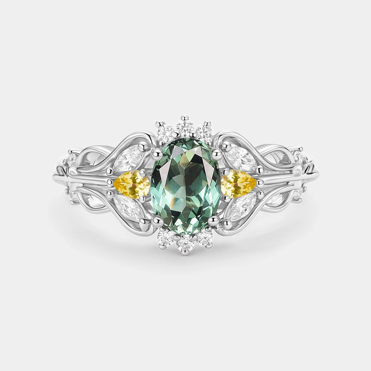 Glam Statement Vintage Oval Cut Cluster Lab Green Sapphire Engagement Ring - Patina