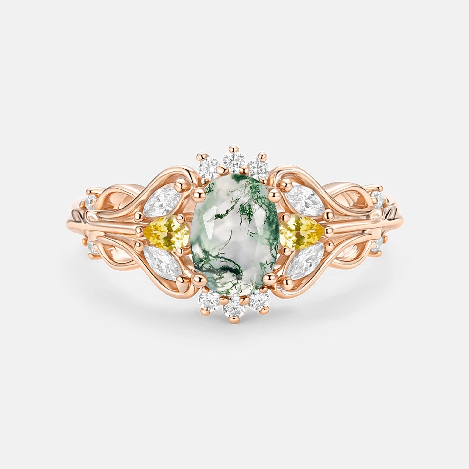 Chic Accent Vintage Oval Cut Cluster Lab Green Sapphire Engagement Ring - Patina