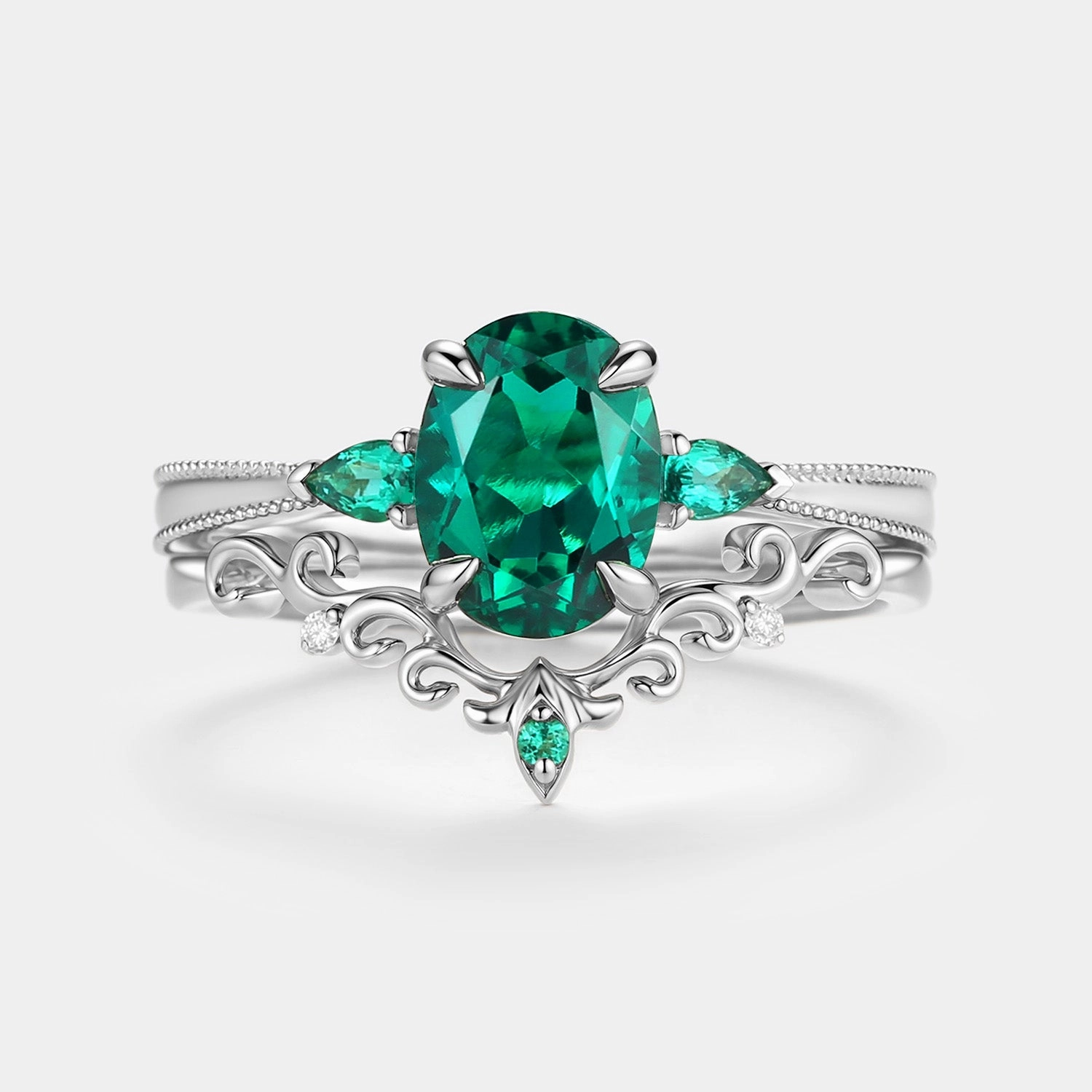 Vintage Oval Cut Lab Emerald Engagement Ring Sets 2pcs - Foliate Traditional Art Personal Craft