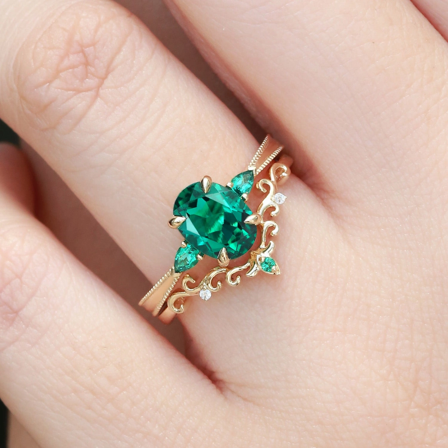 Vintage Oval Cut Lab Emerald Engagement Ring Sets 2pcs - Foliate Low-Cost Jewelry Exclusive item