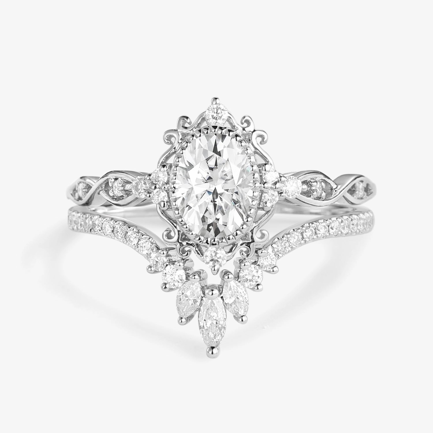 Sentimental Design Stylish Embellishment Vintage Oval Moissanite Infinity Curved Engagement Ring Set 2pcs - Linden