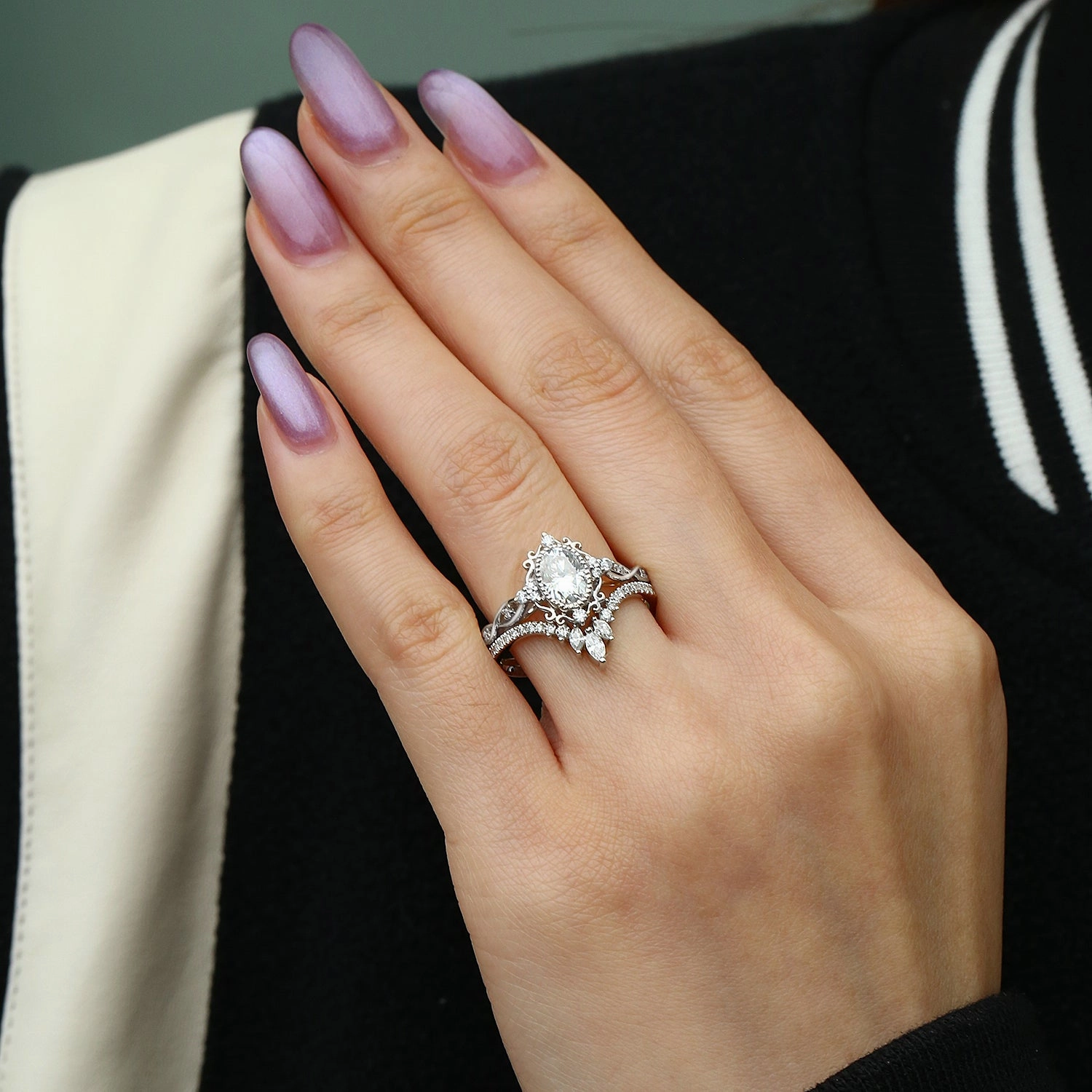 Vintage Oval Moissanite Infinity Curved Engagement Ring Set 2pcs - Linden Breezy Style Layered Fit