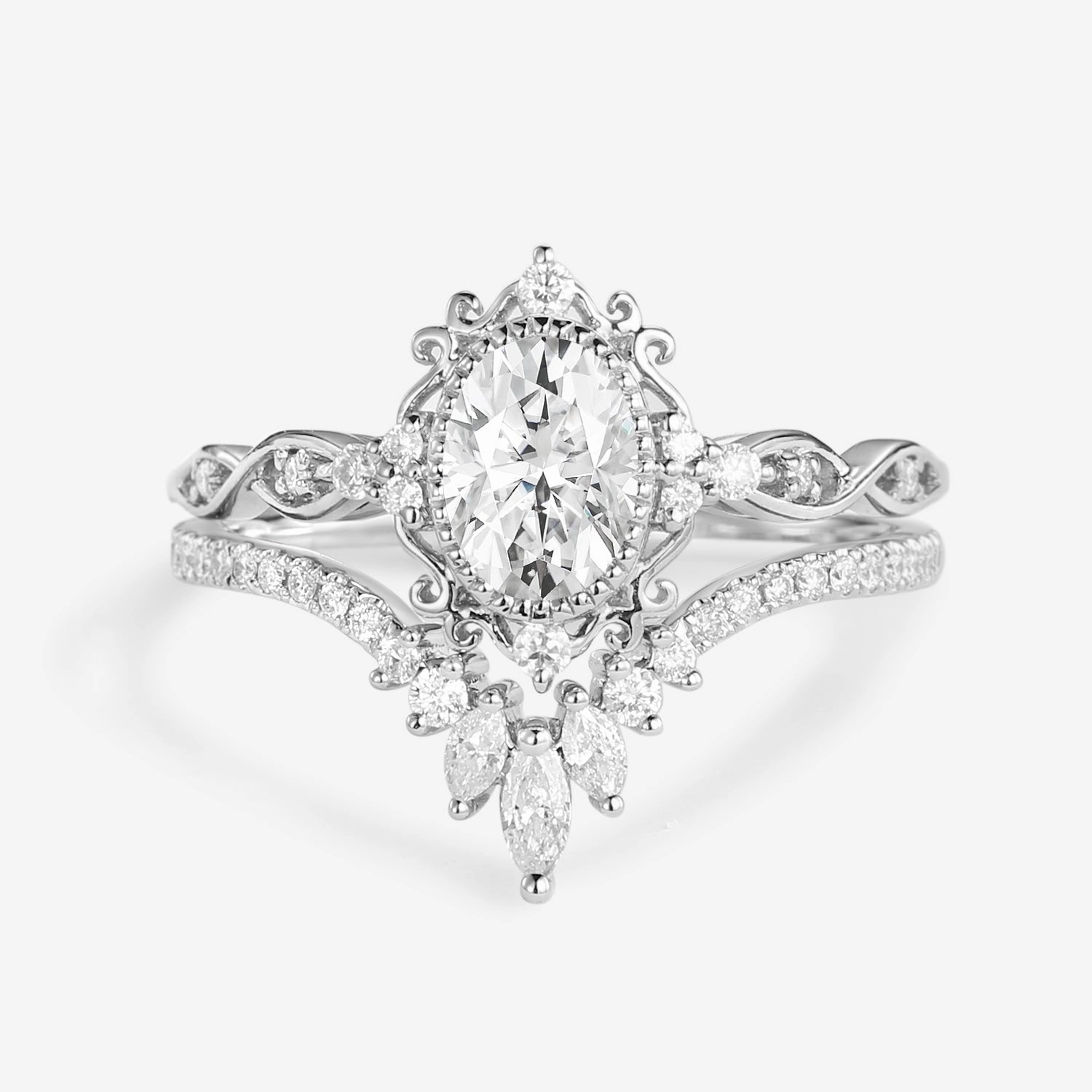 Versatile Look Exclusive Charm Vintage Oval Moissanite Infinity Curved Engagement Ring Set 2pcs - Linden