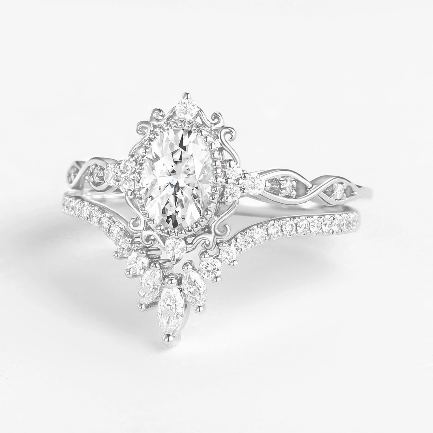 Vintage Oval Moissanite Infinity Curved Engagement Ring Set 2pcs - Linden Glittering Craft