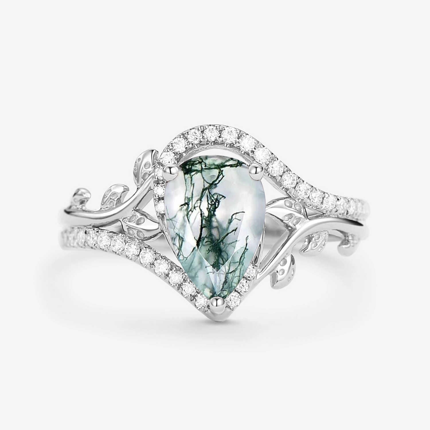 Vintage Pear Cut Moss Agate & Moissanite Leafy Engagement Ring Elegant Look