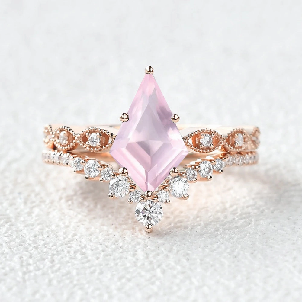 Non Stretch Vintage Rose Quartz Kite Cut Engagement Ring Set 2pcs - Winona