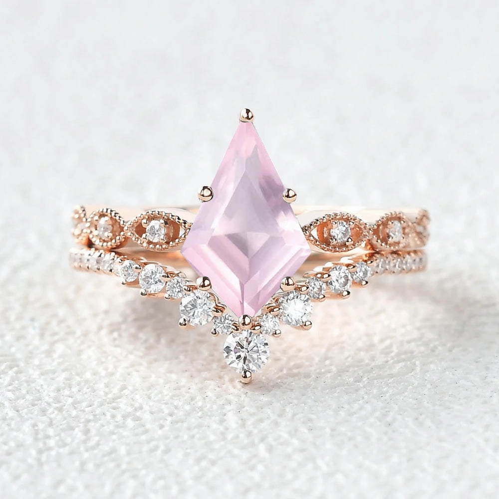 Vintage Rose Quartz Kite Cut Engagement Ring Set 2pcs - Winona Evening Glam Lasting Memory