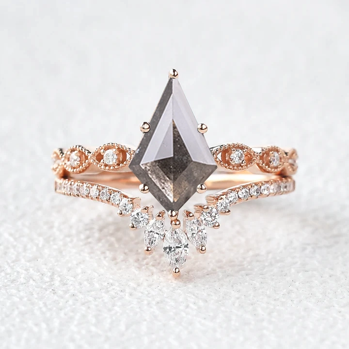 Vintage Salt and Pepper Diamonds Engagement Ring Set 2pcs Gorgeous Accent Classic Contour