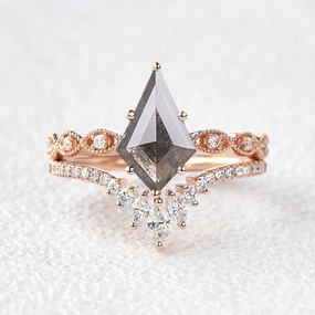 Vintage Salt and Pepper Diamonds Engagement Ring Set 2pcs Sweet Touch