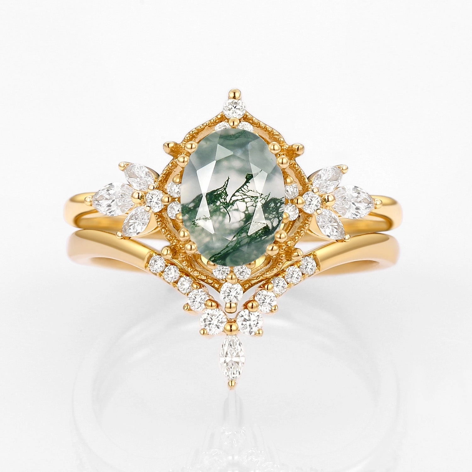Customizable Appearance Vintage Signature Moss Agate Fairy Inspired Ring Set 2pcs