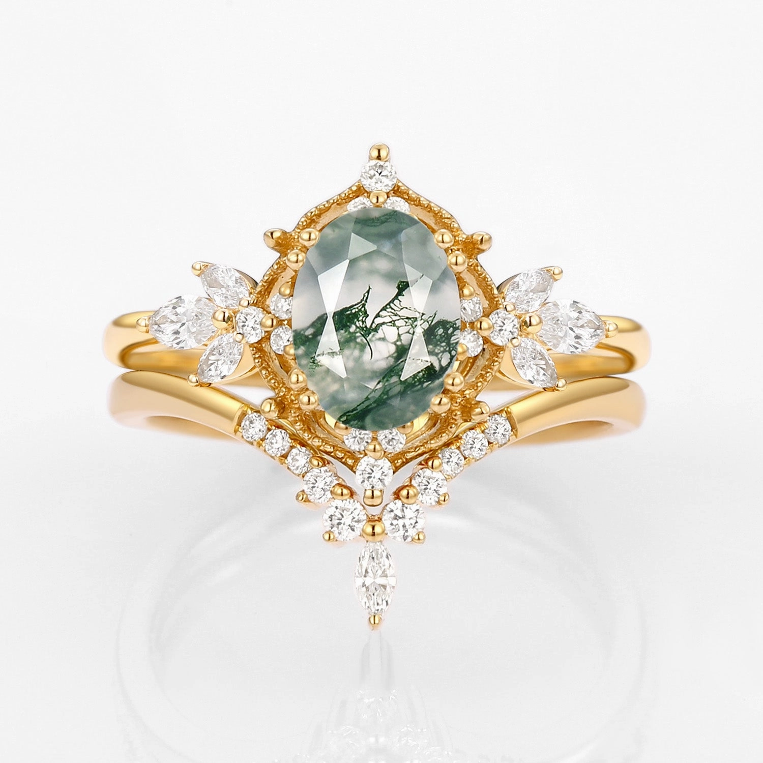 Vintage Signature Moss Agate Fairy Inspired Ring Set 2pcs Petite Jewelry